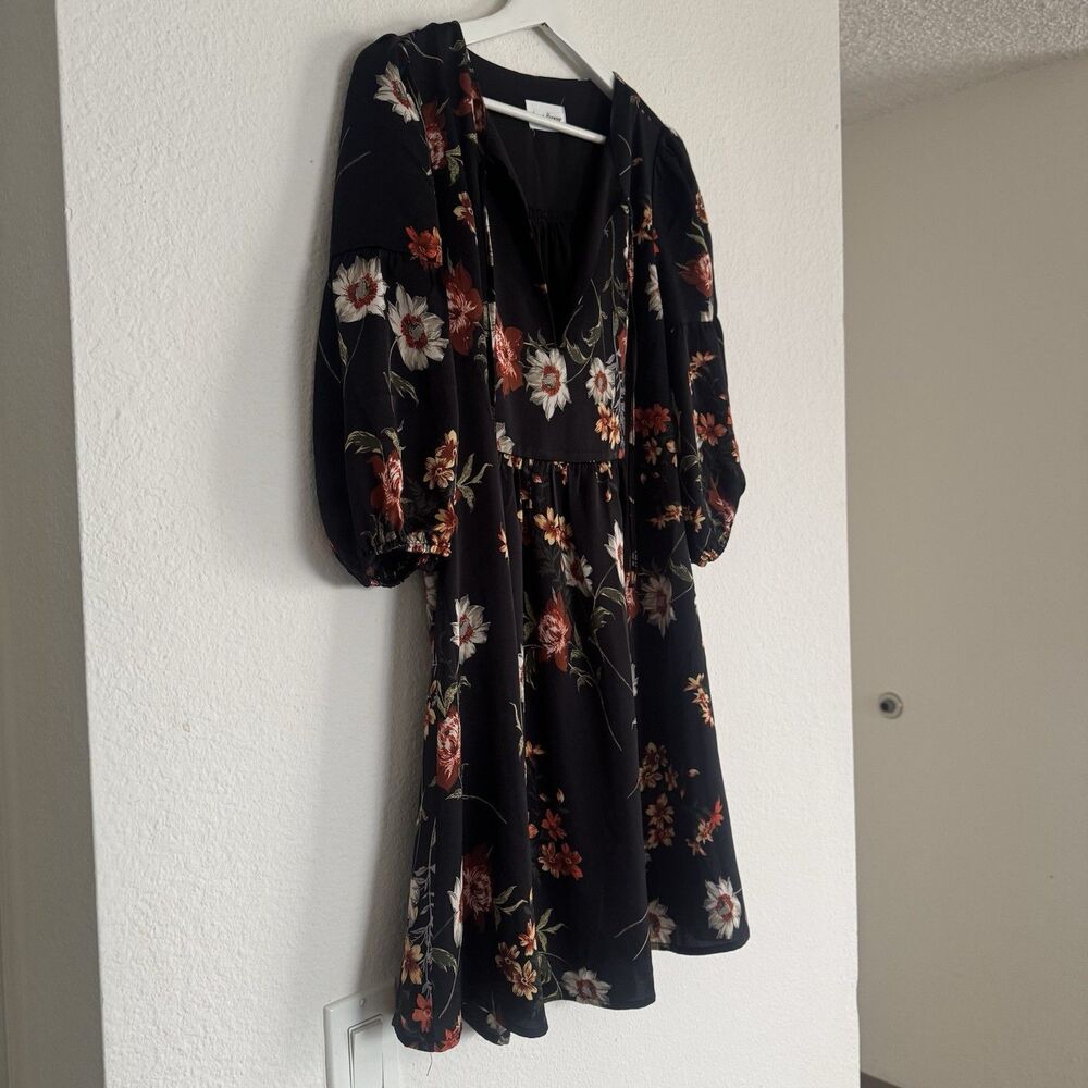 Love + Harmony Dress Oversized Sz M L Black Floral Ruffle Mini Boho Chic Cottage - Picture 7 of 16